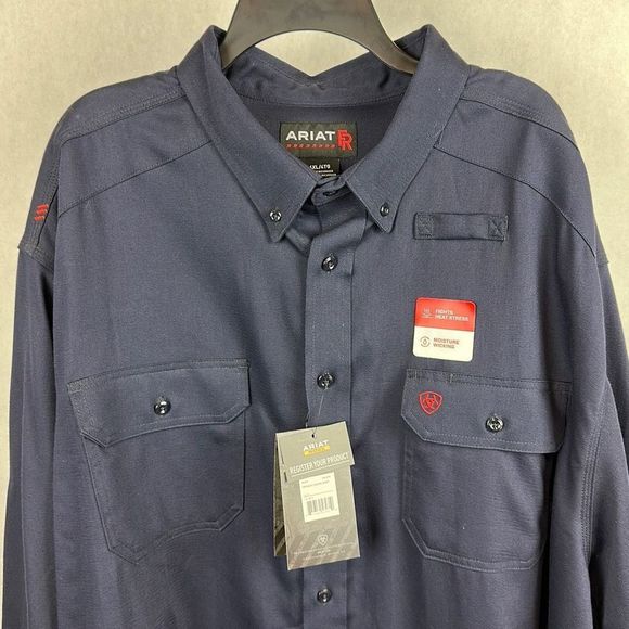 NWT Ariat FR Button Front Shirt Navy Blue Men’s Size 4X 5X Long Sleeve Work - Picture 2 of 12